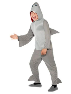 Children's Shark Costume, Grey, With Hooded Jumpsuit & Fins, Large
