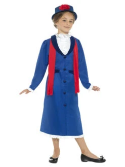 Childrens Victorian Nanny Costume, Blue, With Dress, Hat & Scarf, Large