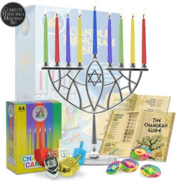 9" Menorah, Candles, Dreidel, Play Coins Hannukah Set Chrome