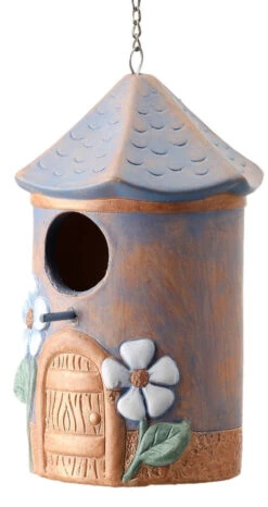 Ceramic & Metal Hanging Birdhouse Brown/Blue