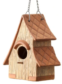 Ceramic & Metal Hanging Birdhouse Brown