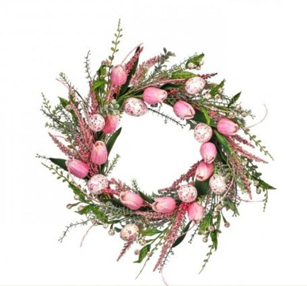 Spring And Easter Wreath Decorated With Pink & White Eggs And Tulips 3 Spring And Easter Wreath Decorated With Pink & White Eggs And Tulips