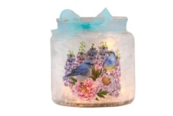 Blue Birds And Flowers On Illuminated Jar With Ribbon
